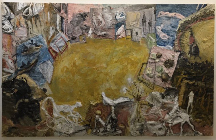 Atelier avec six taureaux, 1994, technique mixte sur toile, 235x375cm ©isabelle henricot